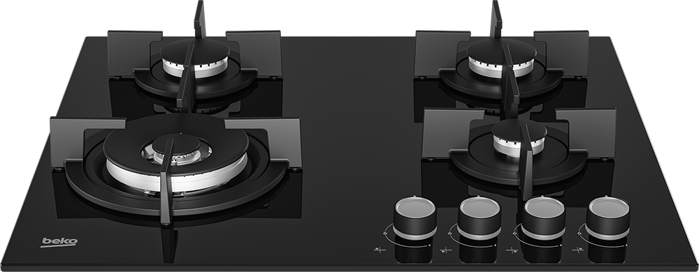 Beko Built-in Hob, 60 cm, 4 Burners, Gas, Cast Iron Holders, Self Ignition, Black Glass, HILW 64222 SE