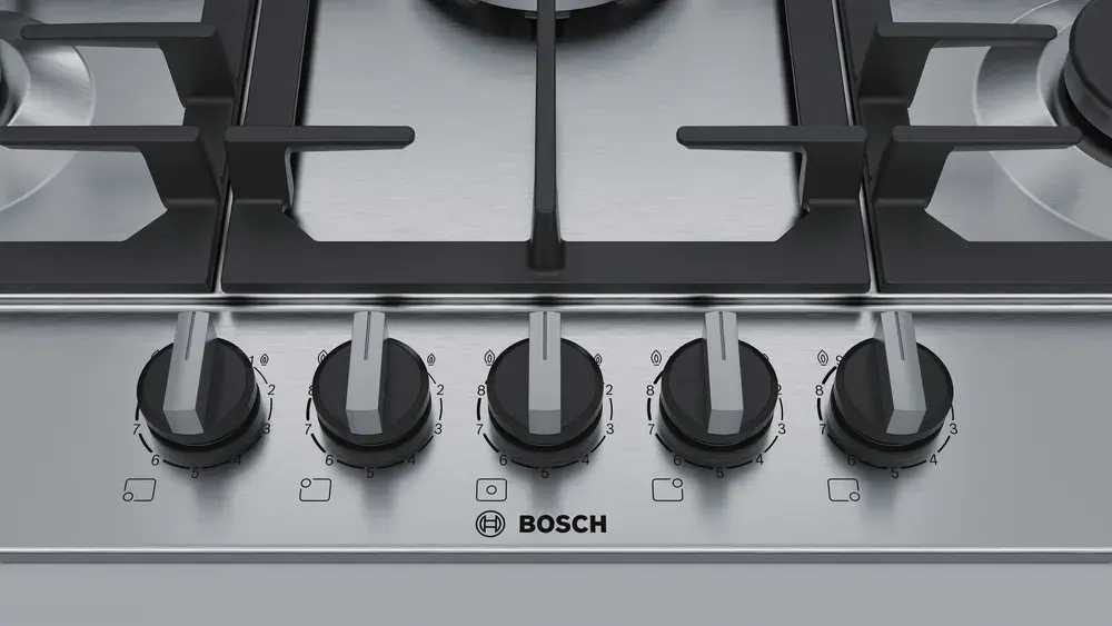 Bosch Built-in Hob, 75 cm, 5 Burners, Gas, Cast Iron Holders, Stainless Steel , PCQ7A5B90