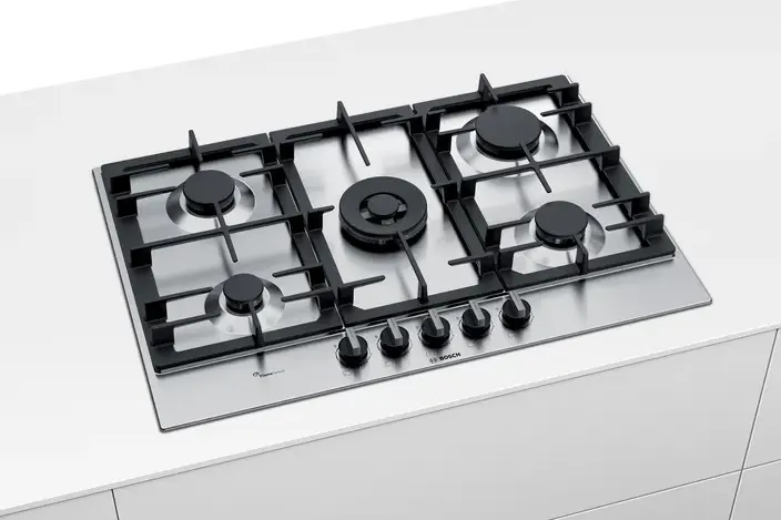 Bosch Built-in Hob, 75 cm, 5 Burners, Gas, Cast Iron Holders, Stainless Steel , PCQ7A5B90