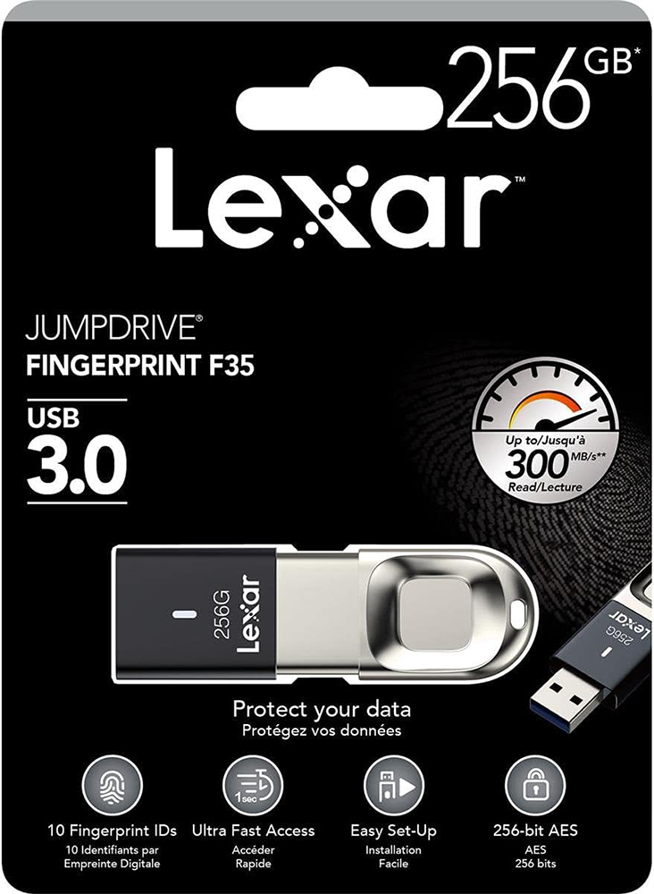 Lexar JumpDrive F35 Flash Memory, 256GB ,Fingerprint IDs , USB 3.0, Black, LJDF35-256BBKNA