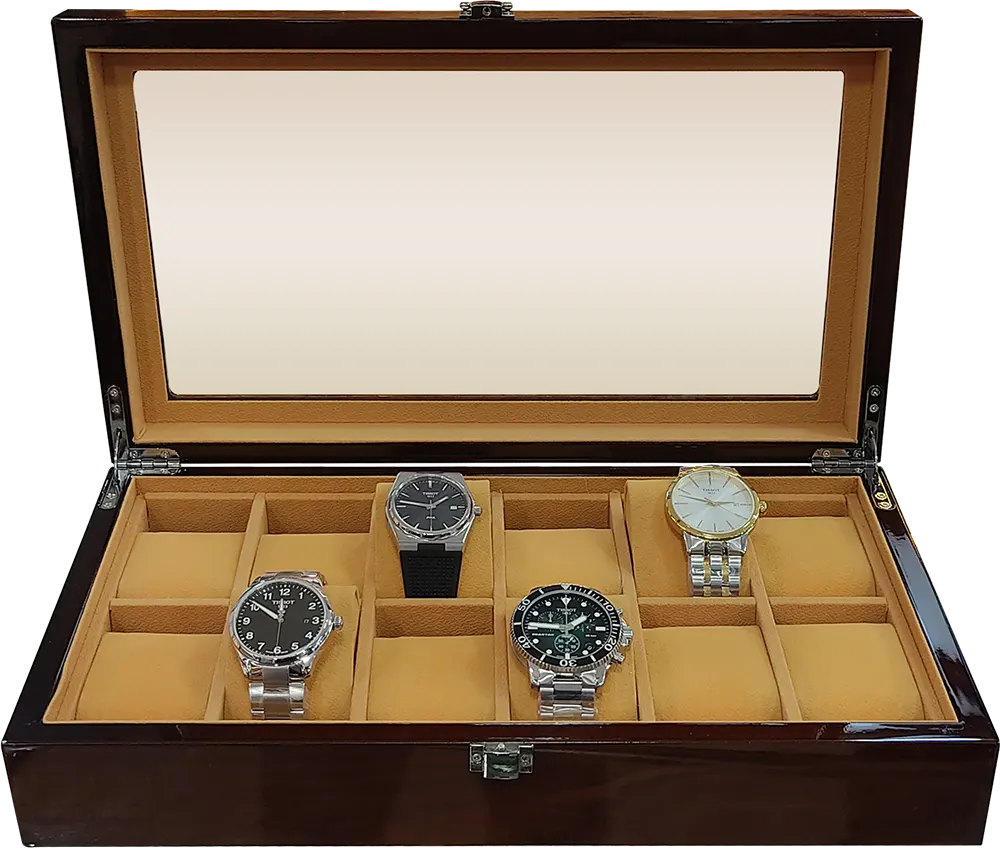 Wooden Watch Organizer Box for 12 Watches, Clear Cover, Brown