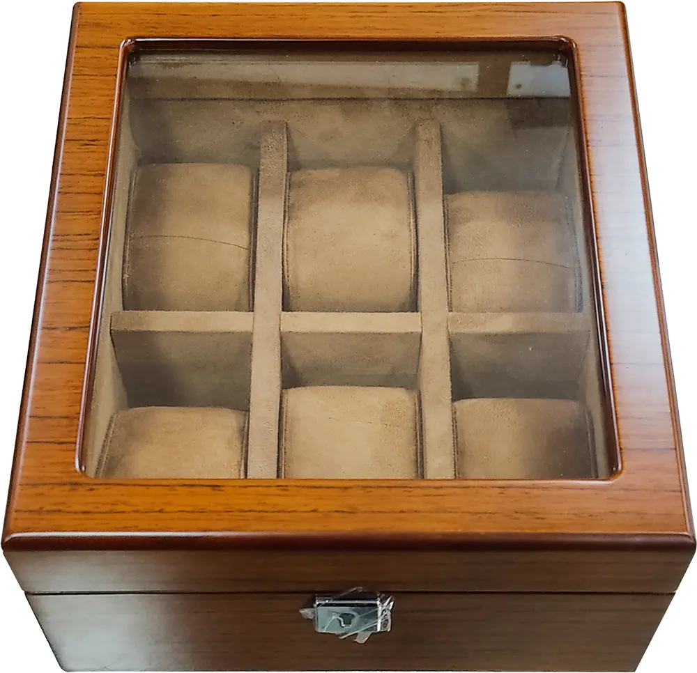 Wooden Watch Organizer Box for 6 Watches, Clear Cover, Brown