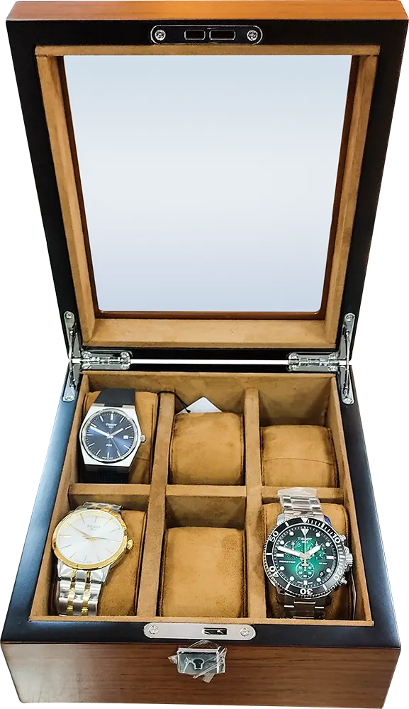 Wooden Watch Organizer Box for 6 Watches, Clear Cover, Brown