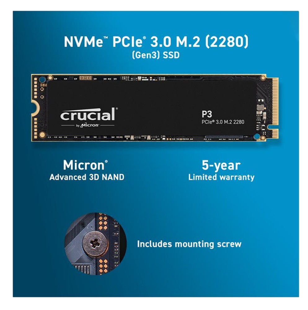 Crucial P3 Hard Disk , PCIE 3.0 , NVME M.2 , SSD , Internal For Pc , 500GB , CT500P3SSD8