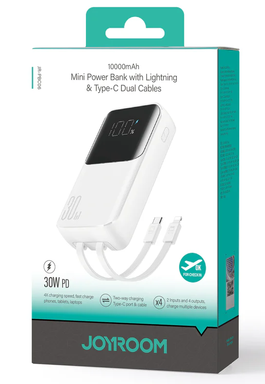 Joyroom Mini Power Bank 10000 MAH , 30 W PD , With Lightning & Type-C ,  , White , JR-PBC06
