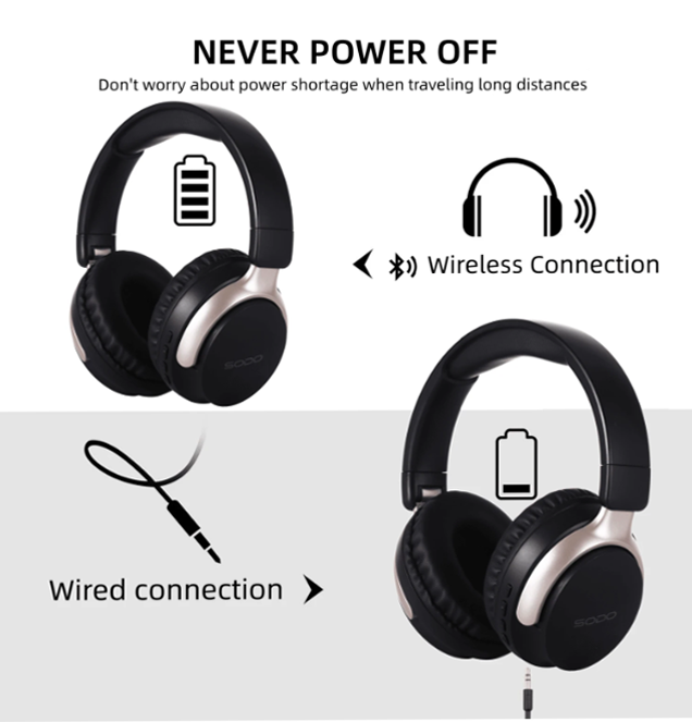 Sodo Wireless - Wired  Headphone, Stereo , Foldable , Noise Cancellation , Black , SD1103