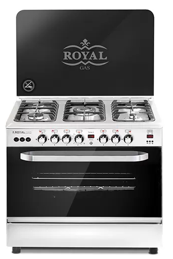 Royal Master Chef Gas Cooker, 90 x 60 cm, 5 Burners, Full Safety, 2 Digital Screens, Fan, Silver, Stainless Steel , 2010186