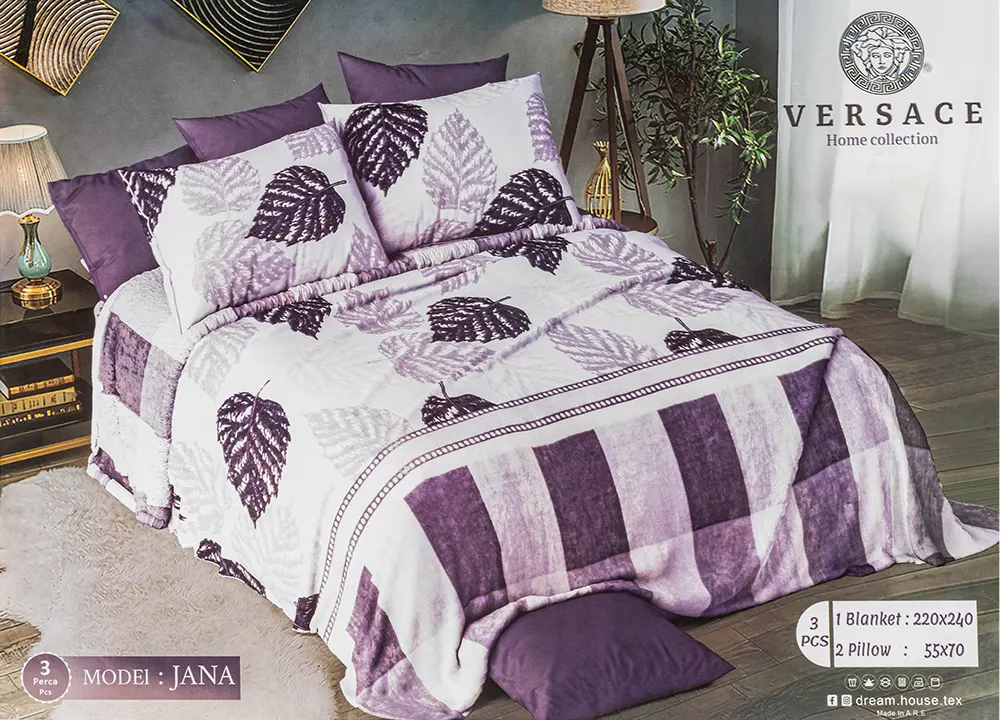 دفايه سرير من دريم هاوس جانا، 3 قطع، تصميم ريشة، بنفسجي