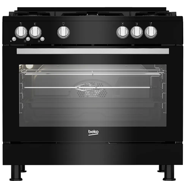 Beko Gas Cooker, 60*90 Cm, 5 Burners, Full Safety, Cast Iron Holders, 2 Fans, Black, GGR 15115 DX NBE