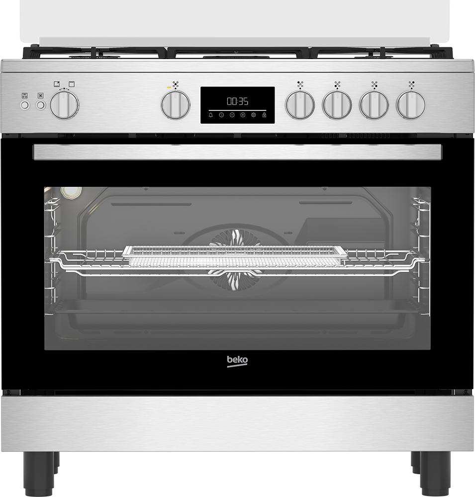 بوتاجاز غاز بيكو ، 90 سم ، 5 شعلة ، مروحة فرن ، شاشة ديجيتال ، حوامل زهر ، استانلس ستيل - أسود ، BGGR 11225 GXA