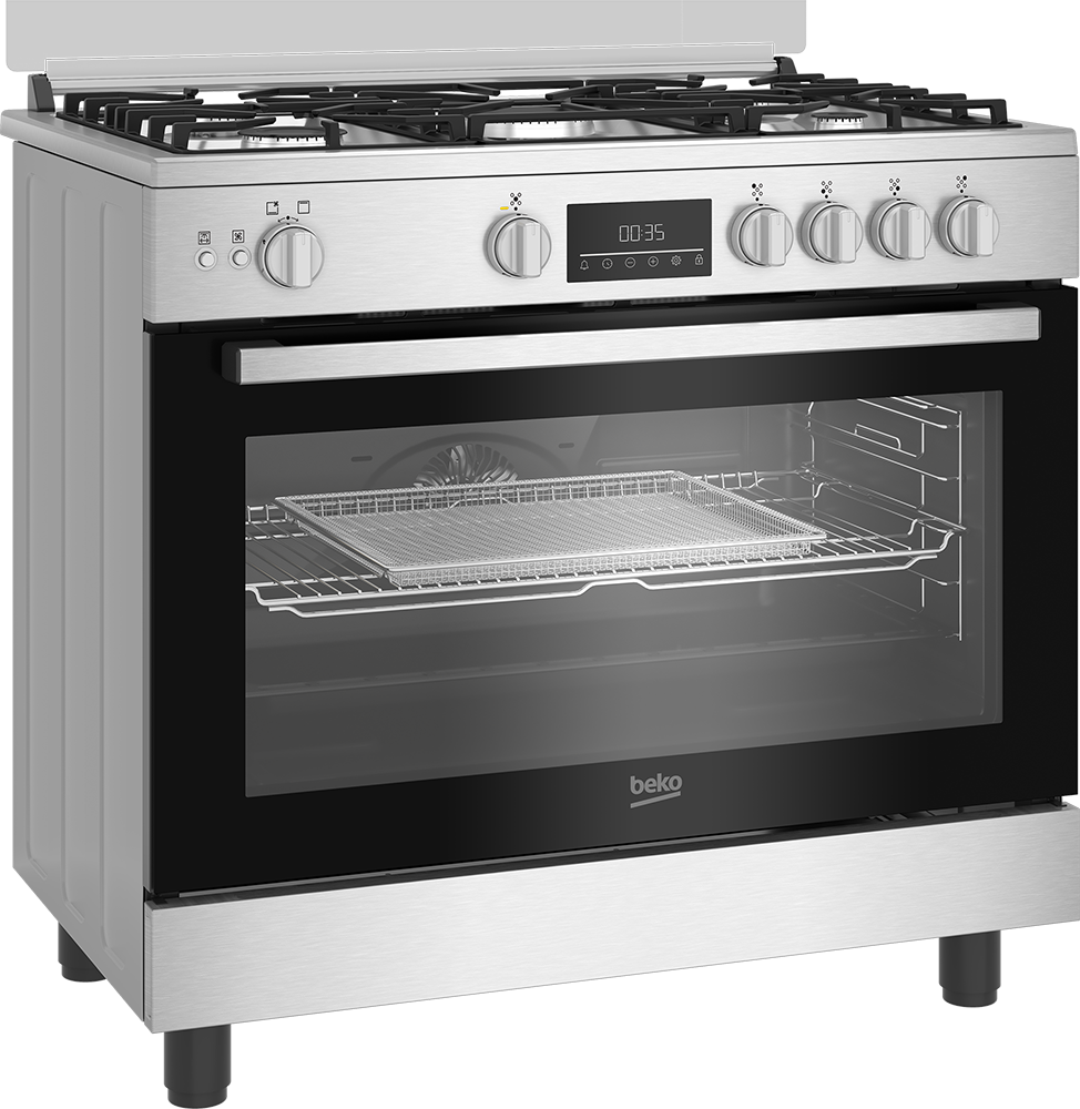 Beko Gas Cooker, 90 cm, 5 Burners, Fan, Digital Display, Cast Iron Holders, Stainless Steel - Black , BGGR 11225 GXA