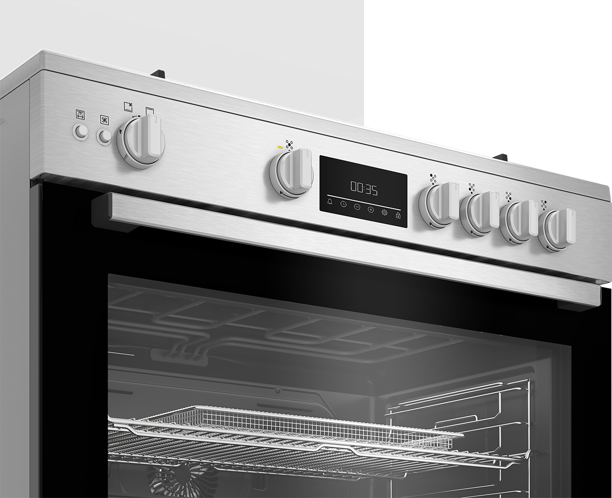 Beko Gas Cooker, 90 cm, 5 Burners, Fan, Digital Display, Cast Iron Holders, Stainless Steel - Black , BGGR 11225 GXA