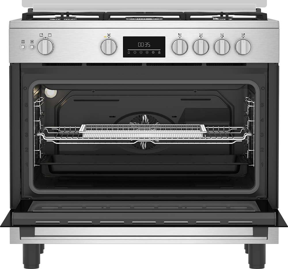 Beko Gas Cooker, 90 cm, 5 Burners, Fan, Digital Display, Cast Iron Holders, Stainless Steel - Black , BGGR 11225 GXA