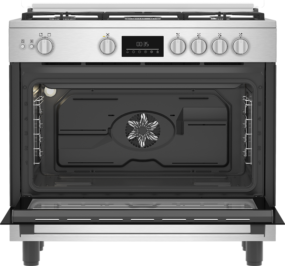 Beko Gas Cooker, 90 cm, 5 Burners, Fan, Digital Display, Cast Iron Holders, Stainless Steel - Black , BGGR 11225 GXA