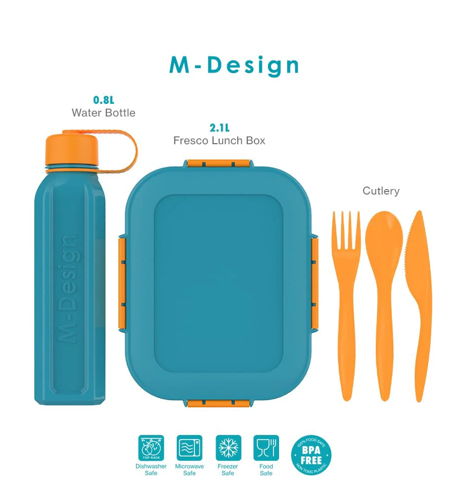 طقم لانش بوكس ام ديزاين  2.1 ، طقم طعام + زجاجة 800 مل ، تركواز * برتقالى ، 75136