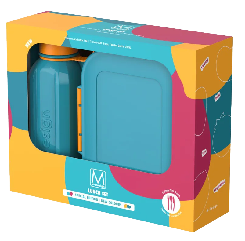 طقم لانش بوكس ام ديزاين  1.6 + طقم طعام + زجاجة 650 مل ، تركواز - برتقالى ،  75133