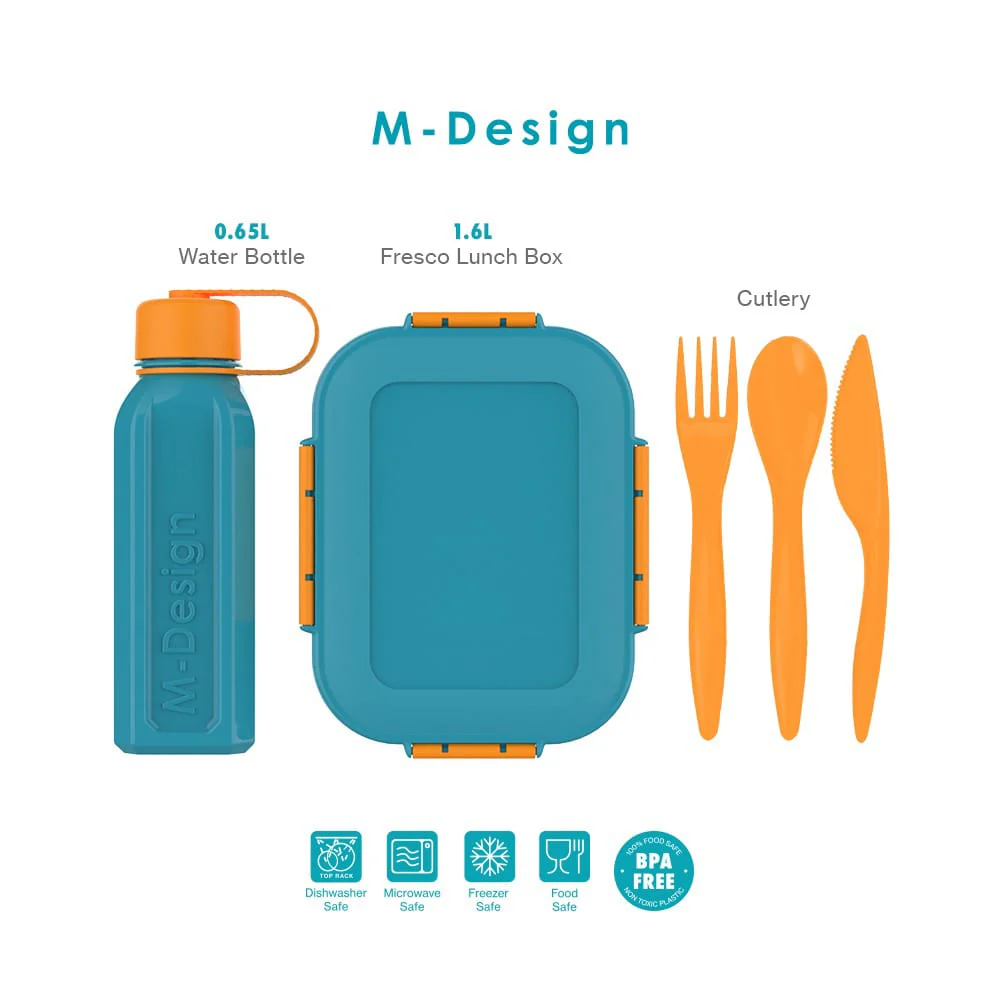 طقم لانش بوكس ام ديزاين  1.6 + طقم طعام + زجاجة 650 مل ، تركواز - برتقالى ،  75133