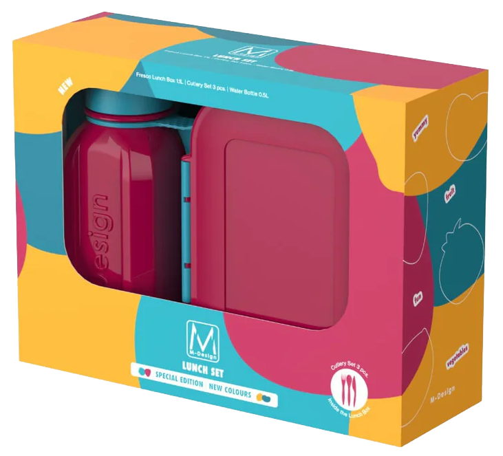 M-Design Lunch Box Set 1.1 , Food Set + Bottle 500 ml, Fuchsia * Turquoise, 75128