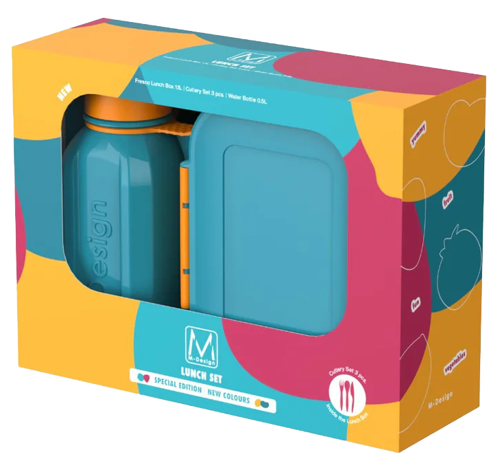 M-Design Lunch Box Set 1.1 , Food Set + Bottle 500 ml , Turquoise * Orange , 75130