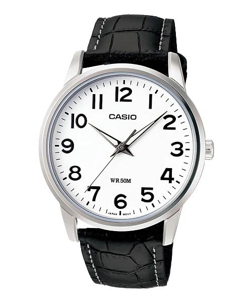ساعة كاسيو رجالي ،عقارب ، مينا دائرية ، سوار جلد أسود، إطار فضي ، MTP-1303L-7BVDF