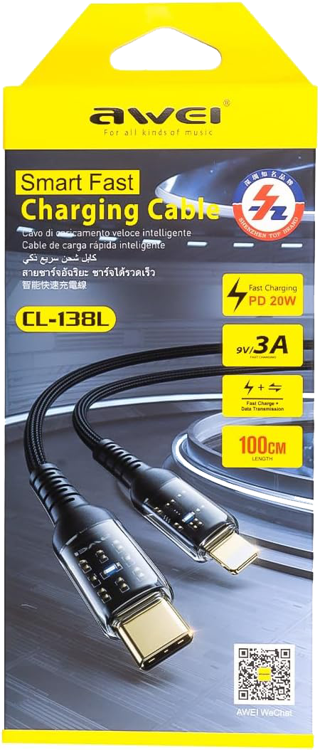 كابل شحن سريع ذكي من أواي ، USB-C إلى Lightning ، بقدرة 3 أمبير ، 1 متر ، أسود ، CL-138L