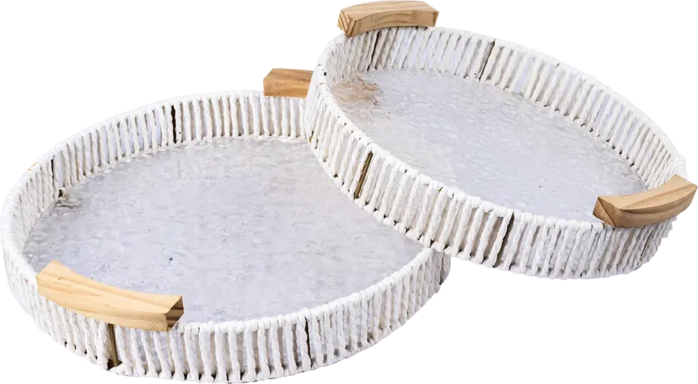 Wicker Circular tray set, 2 pieces, with wooden handle, Multi-color