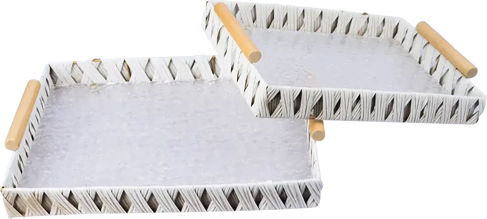 Wicker Rectangular tray set, 2 pieces, with wooden handle, Multi-color, 12689