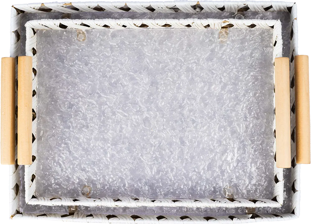 Wicker Rectangular tray set, 2 pieces, with wooden handle, Multi-color, 12689