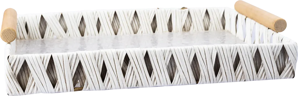 Wicker Rectangular tray set, 2 pieces, with wooden handle, Multi-color, 12689