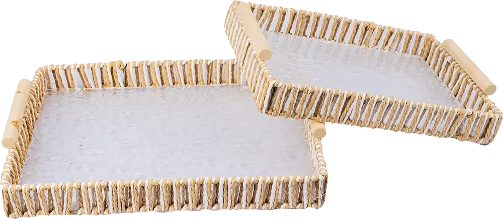 Wicker Rectangular tray set, 2 pieces, with wooden handle, Multi-color, 12689