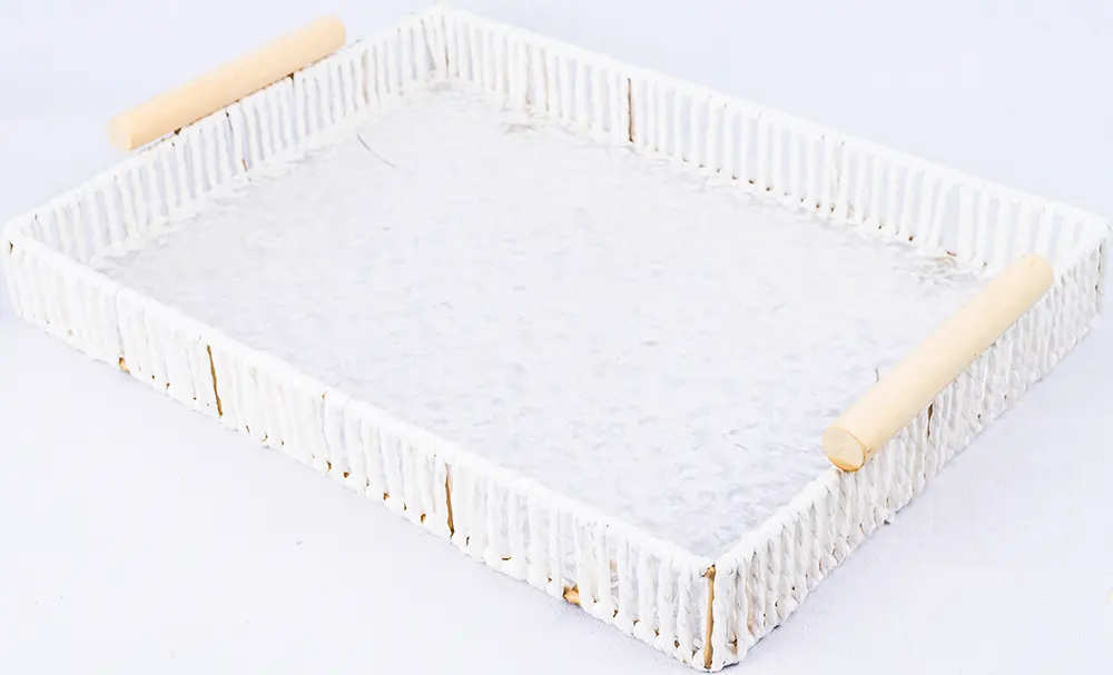 طقم صنية مستطيلة خوص ، 2 قطعة، بيد خشبية، ألوان متعددة، موديل 12689