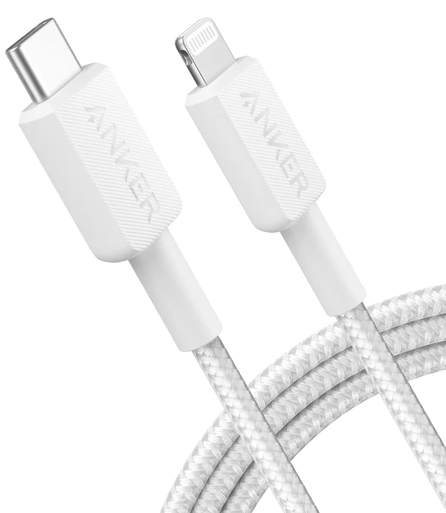 كابل شحن سريع من أنكر، مضفر متين ، من USB-C إلى Lightning ، بطول 3 أقدام ، أبيض ، A81B5H21