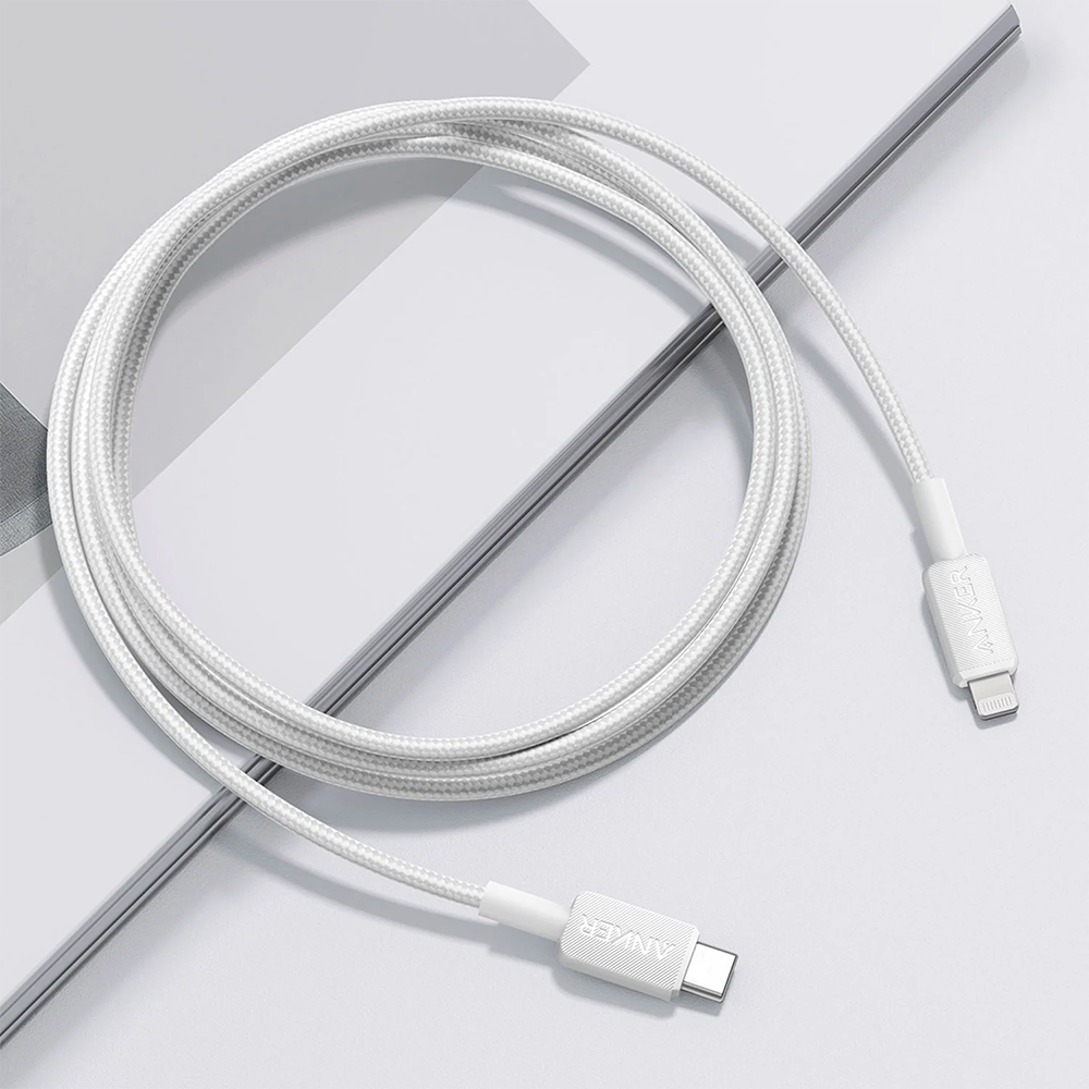 كابل شحن سريع من أنكر، مضفر متين ، من USB-C إلى Lightning ، بطول 3 أقدام ، أبيض ، A81B5H21