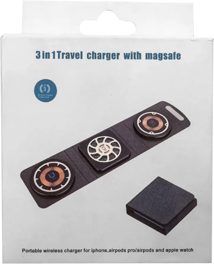 شاحن سفر لاسلكي قابل للطي مع 3*1 ماج سيف، لأجهزة أبل، أسود