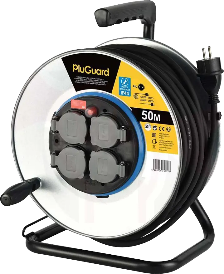 PlugGuard Industrial 4 Outlet Power Strip, 50m, Waterproof, Black