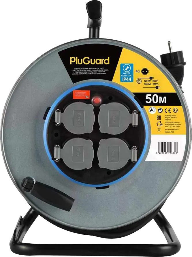 PlugGuard Industrial 4 Outlet Power Strip, 50m, Waterproof, Black