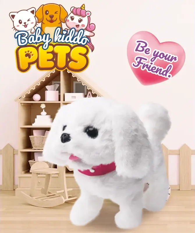 Small Furry Dog Toy with Music, Battery Operated, White, Model 106-100