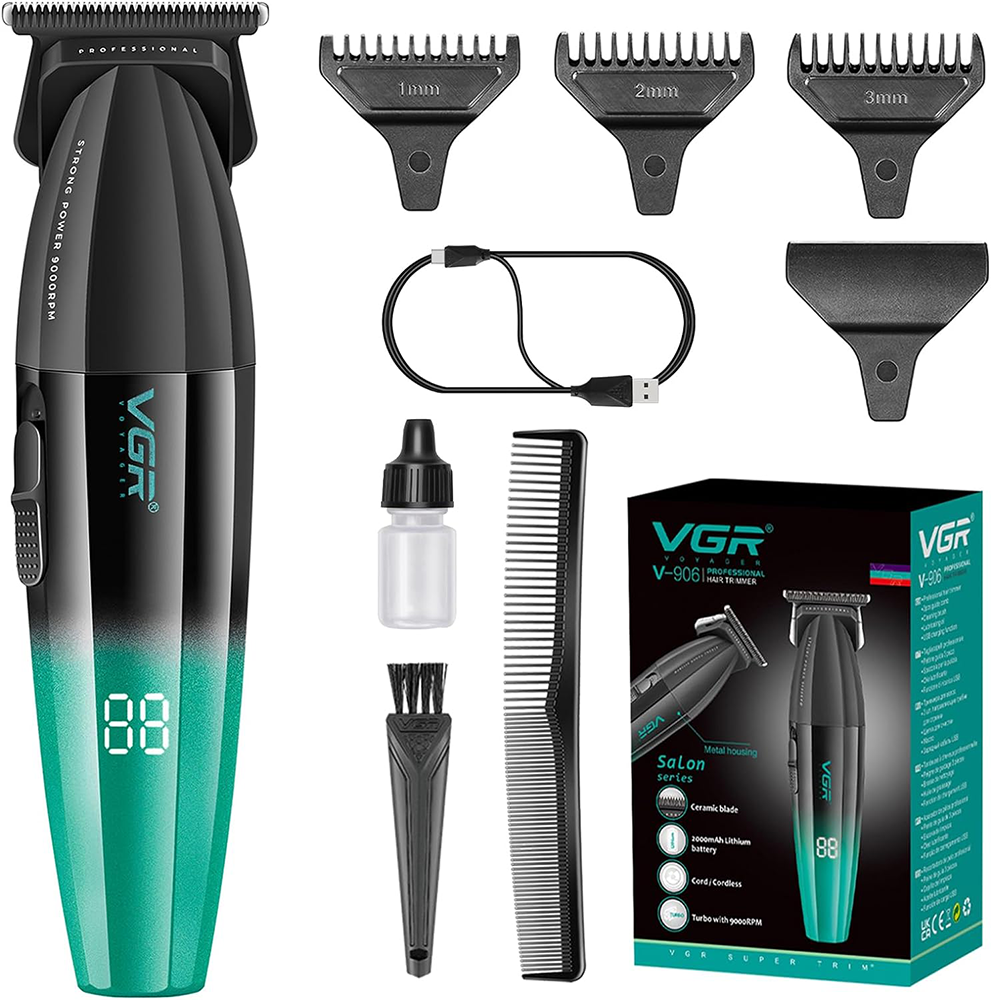 VGR Men's Electric Hair and Beard Trimmer , LED Display , Rechargeable , Black , V-906