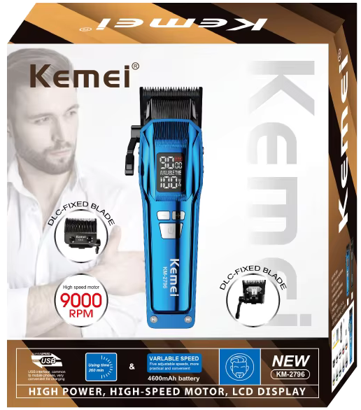 Kemei Men's Electric Hair and Beard Trimmer , LED Display , Rechargeable , Black , KM-2796