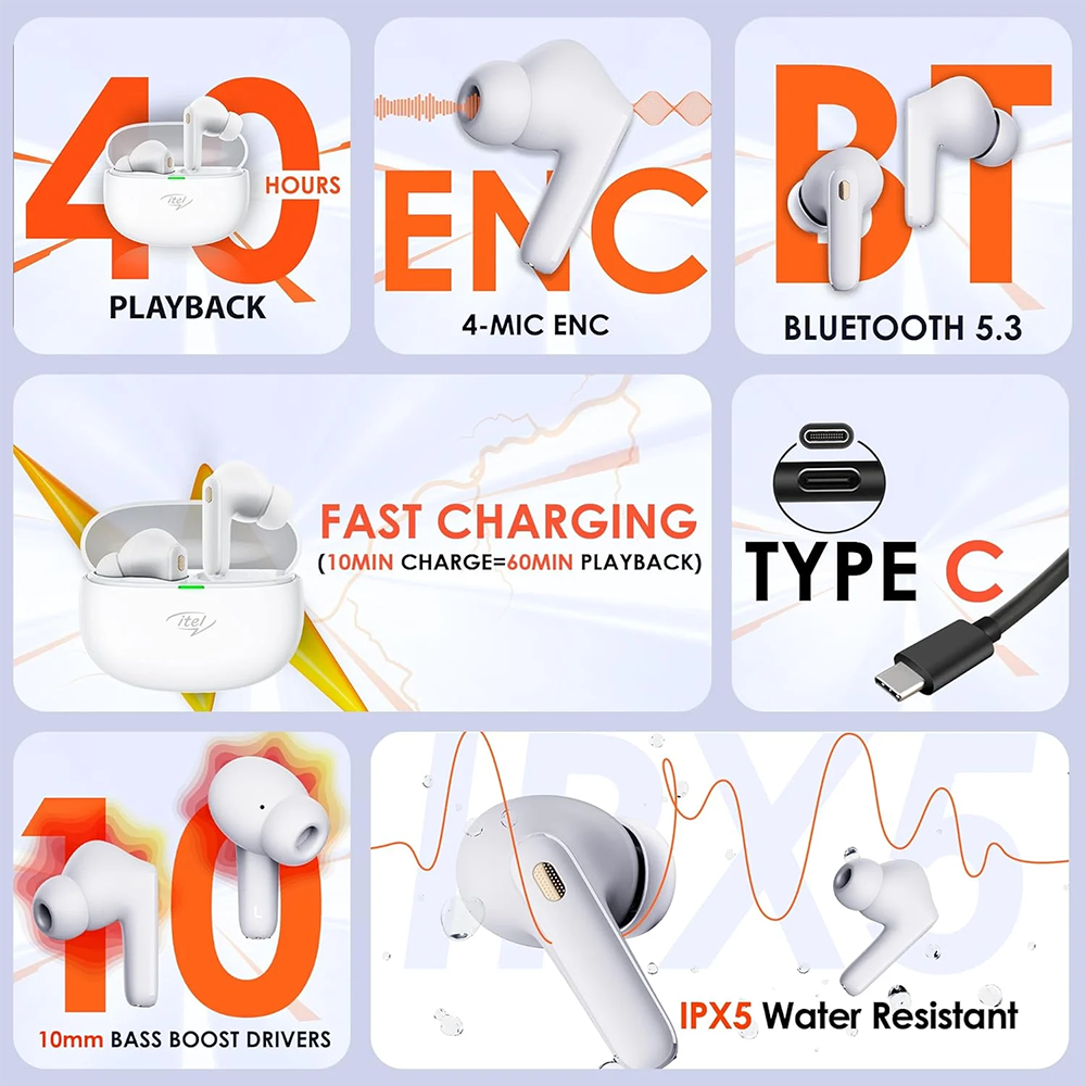 سماعة ايربودز ايتل T11، بلوتوث 5.3، مقاومة للماء، بطارية 400 مللي أمبير، تحكم باللمس ، متعدد الألوان