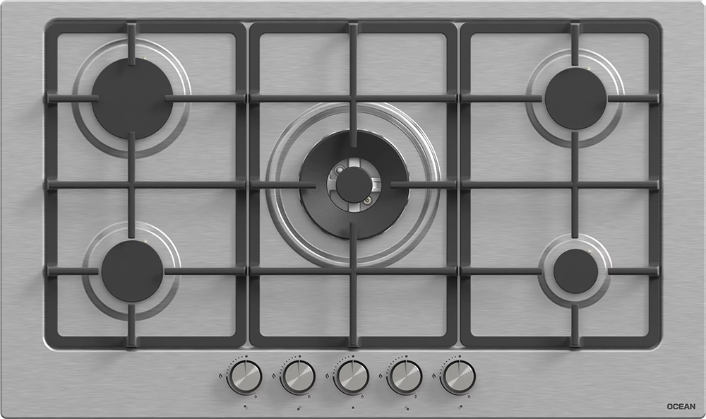 Ocean Built-in Hob, 90 cm, 5 Burners, Stainless Steel, Cast Iron Holders, Full Safety, Silver, OHGFR95IPROSV