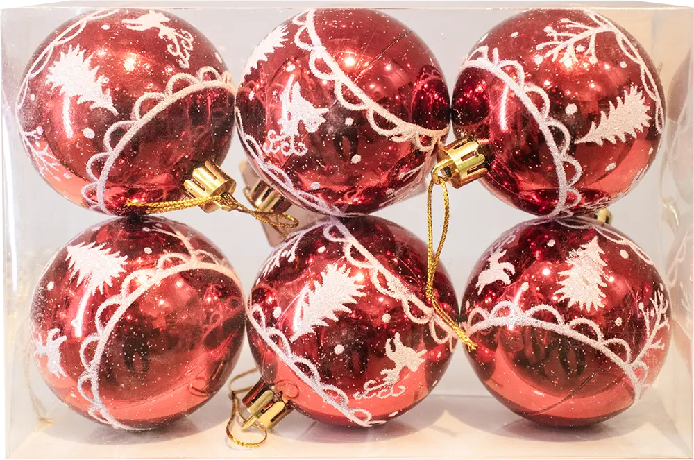 علبة كور كريسماس فاكيوم 6 كورة مزخرفة، أشكال متعددة، لون أحمر، موديل 112-113-116-71