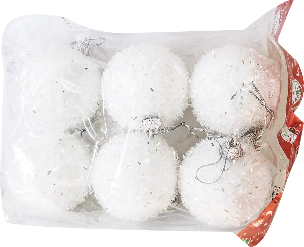 Christmas balls bag with 6 decorated balls, white, model 095-093-71
