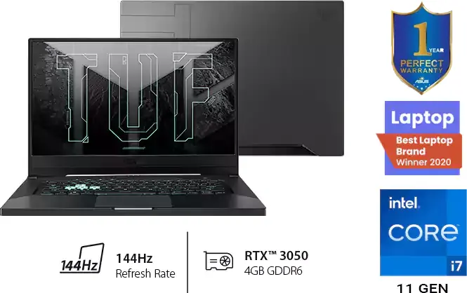 Asus Laptop TUF DASH F15 FX516PC-HN004T, 11th Gen, Intel Core I7-11370H, 16GB RAM, 512GB SSD M2, NVIDIA GEFORCE RTX 3050 4GB, 15.6 inch FHD 144 HZ Display, Windows 10, Gray