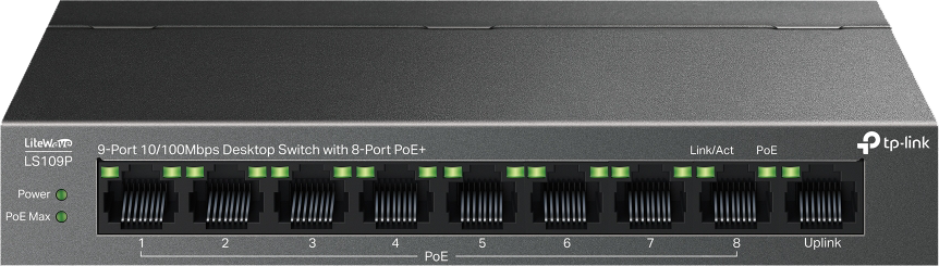 TP-Link Switch, 9 Port 10-100Mbps, 8 PoE+ Ports, Up to 250m Transmission, Black, LS109P