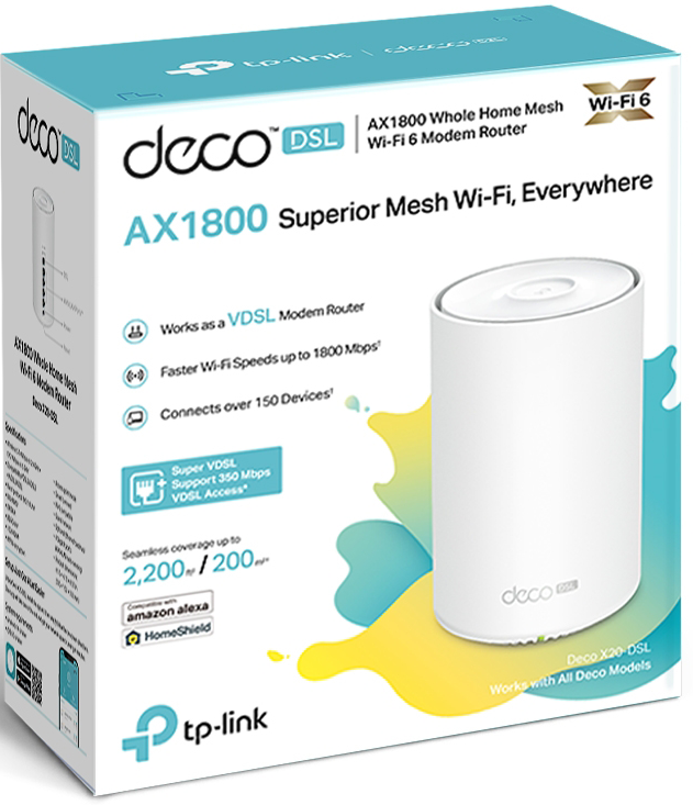 نظام واي فاي منزلي تي بي لينك ، DECO X20-DSL ، سرعة VDSL2 ، تدعم تقنية Profile 35b  ، شبكة WiFi مزدوجة النطاق مع تقنية WiFi 6 ، سرعات تصل إلى 1.8 جيجابت في الثانية ، أبيض ، AX1800 VDSL