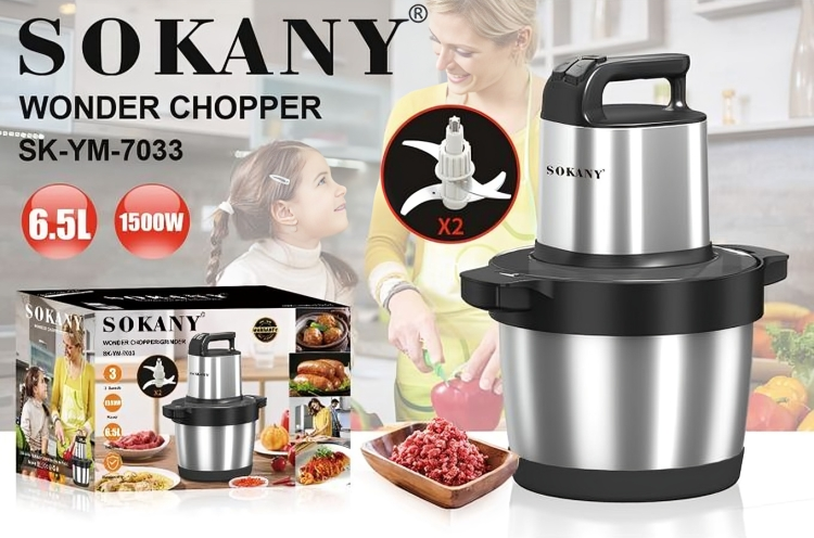 Sokany Chopper , 1500 Watt , 6.5 Liter, 2 Speeds, Stainless Steel, Silver, SK-YM-7033