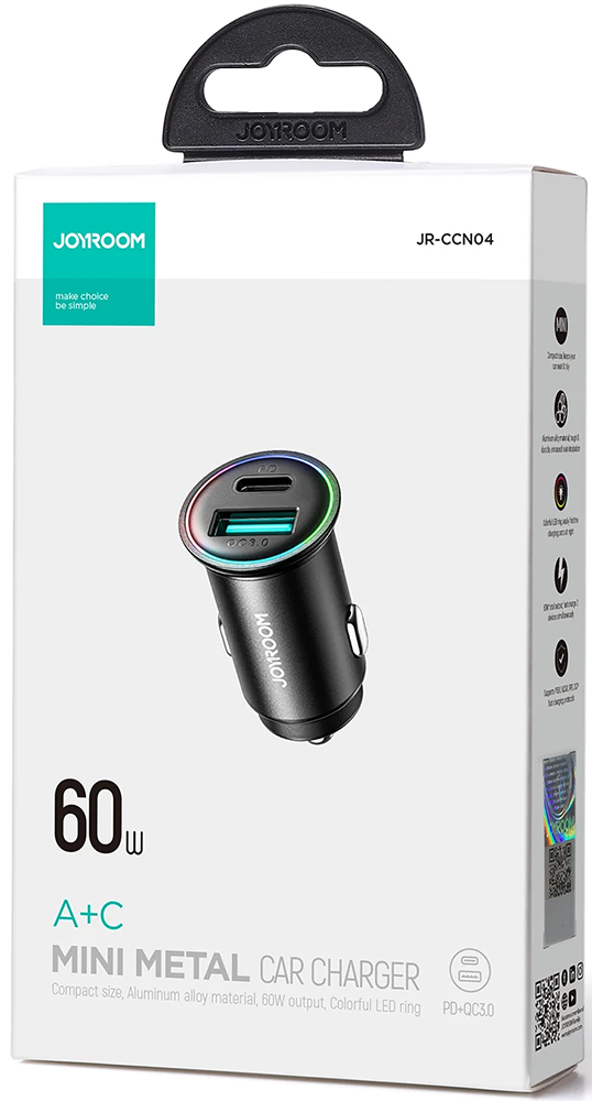 شاحن سيارة سريع صغير من جوي روم ، بقوة 60 وات ، معدني ، أسود ، JR-CCN04