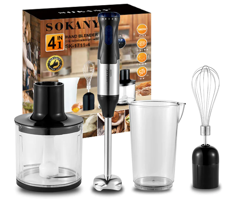 Sokany Hand Blender 4*1 , 1000 Watt , 700 ml , 5 Speeds , with Chopper and Egg Beater , Black * Silver, SK-1711-4