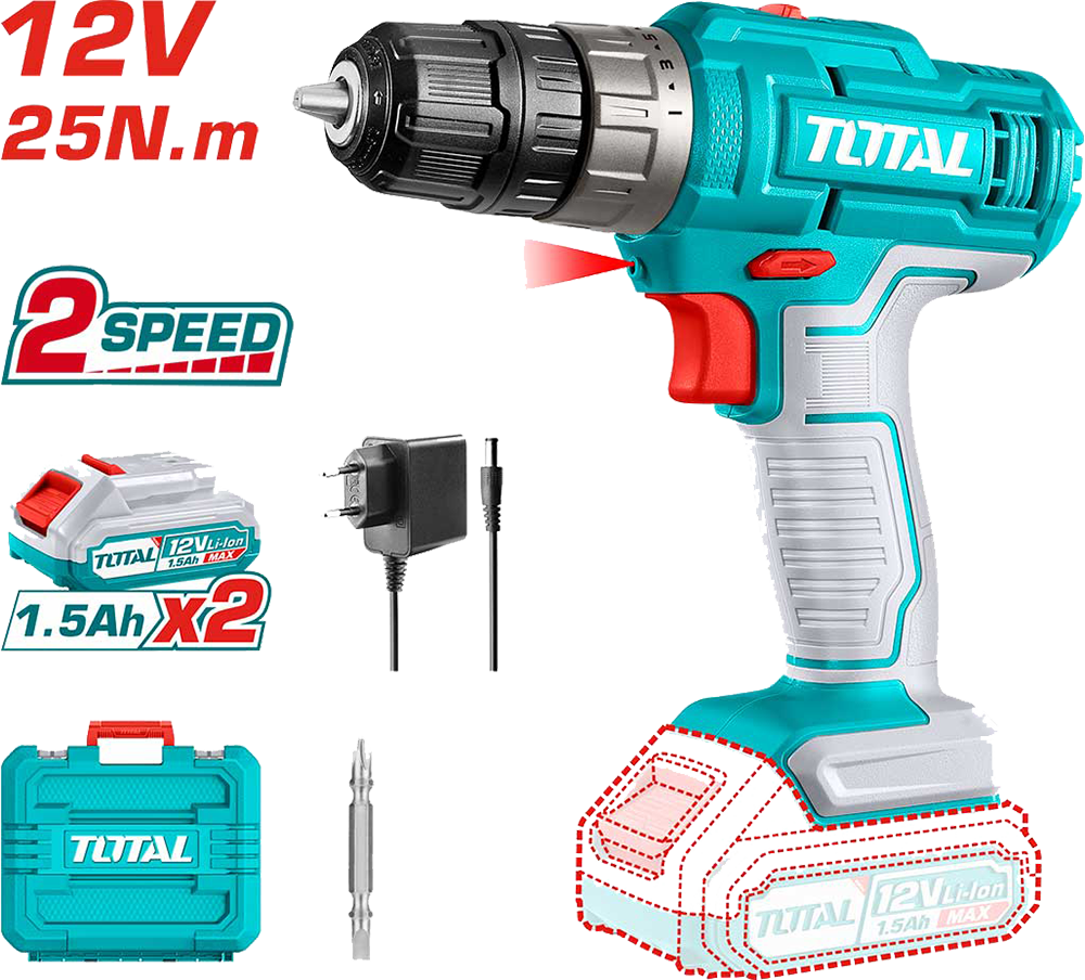 Total Tools drill, 12V Battery, 2 Large Batteries, Blue, TDLI-1228